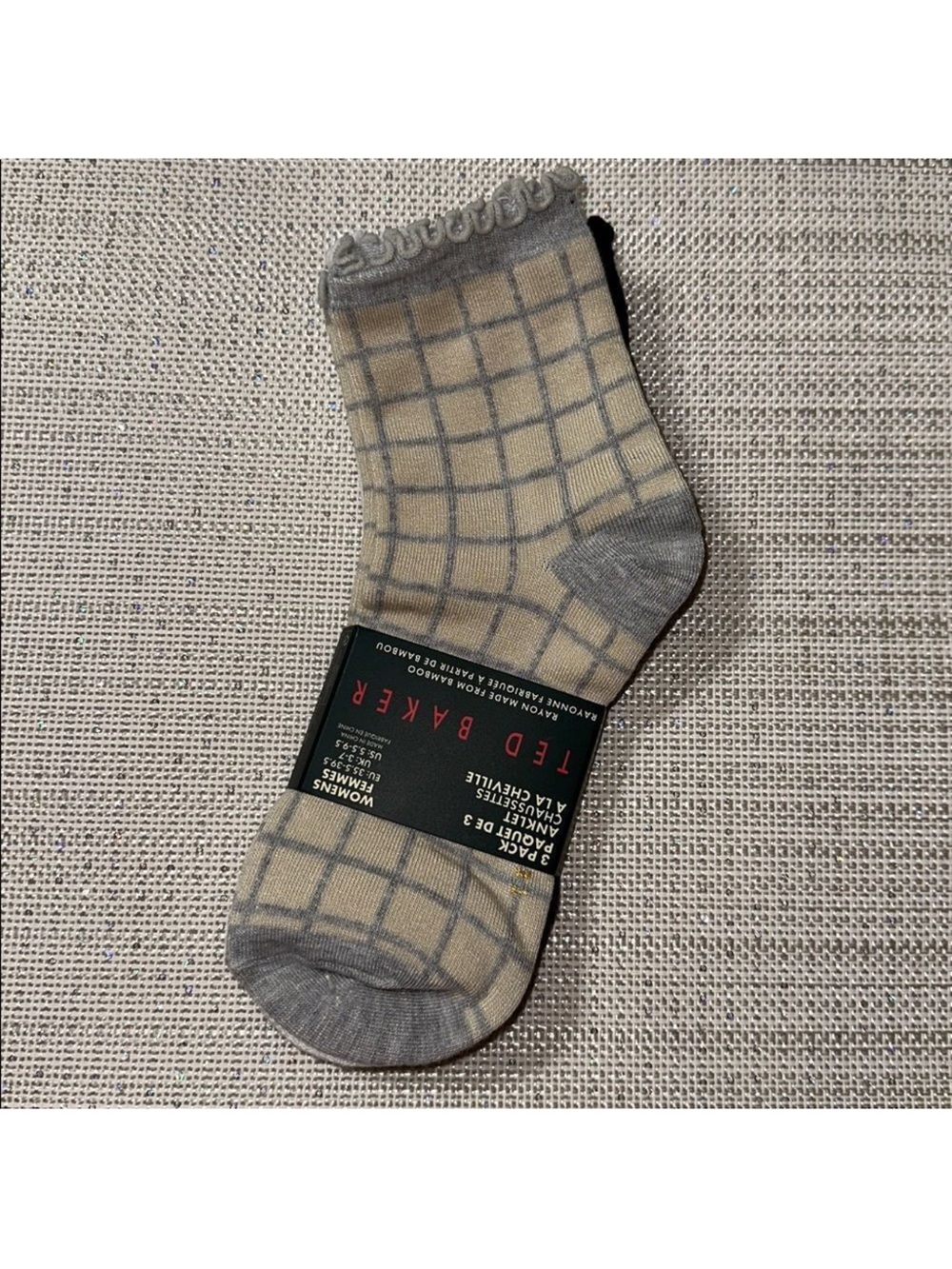 Ted Baker Gray Beige Plaid Black White Dress Crew Cut Bamboo Blend Socks 3 pack